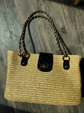 Woven Straw Tote with Black Trim and Chain Handles